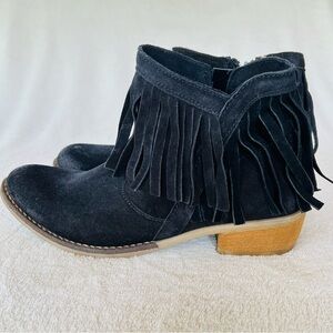 PRIMA DONNA BLACK SUEDE LEATHER FRINGE WESTERN ANKLE BOOTIES BLOCK HEEL SIZE 8.5